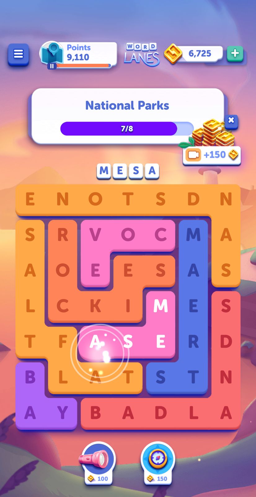 Word puzzle game screen with National Parks theme
