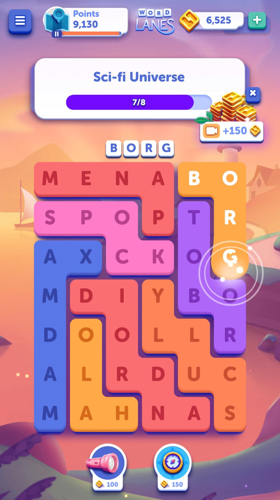 Word puzzle game screen, sci-fi theme.