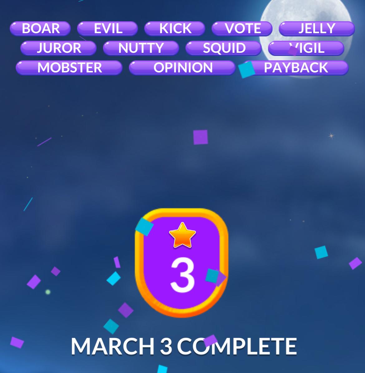 Word game level complete with vocabulary words displayed.