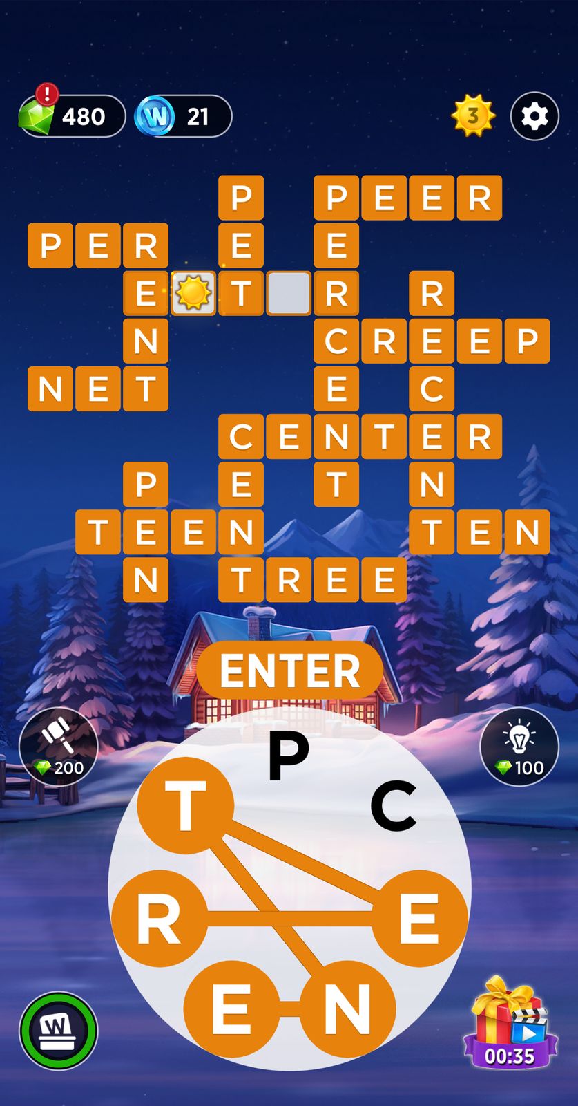 Word puzzle game with snow background.