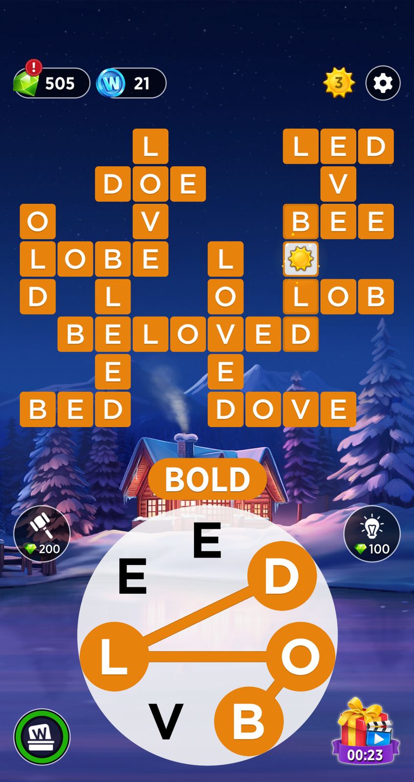 Word puzzle game screen with connected letters.