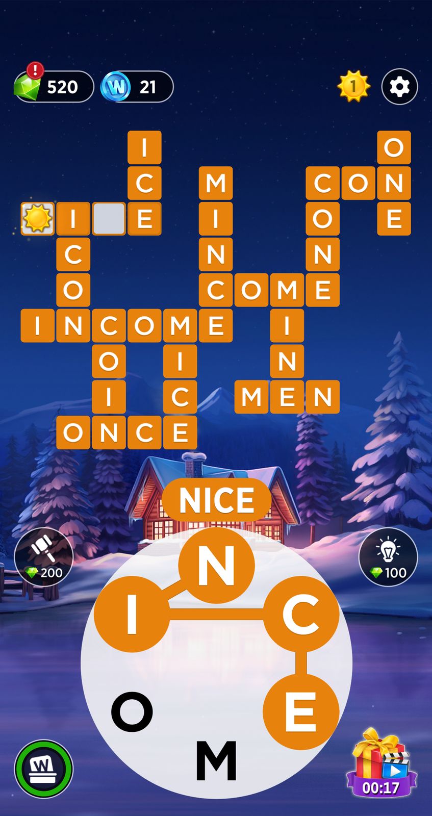 Word puzzle game with snowy cabin background