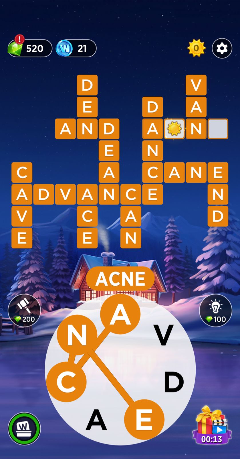 Word puzzle game interface with snowy background.