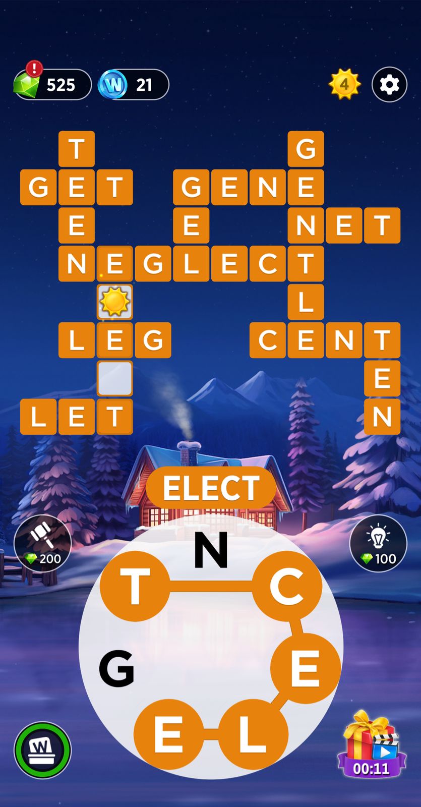 Word puzzle game with winter cabin background
