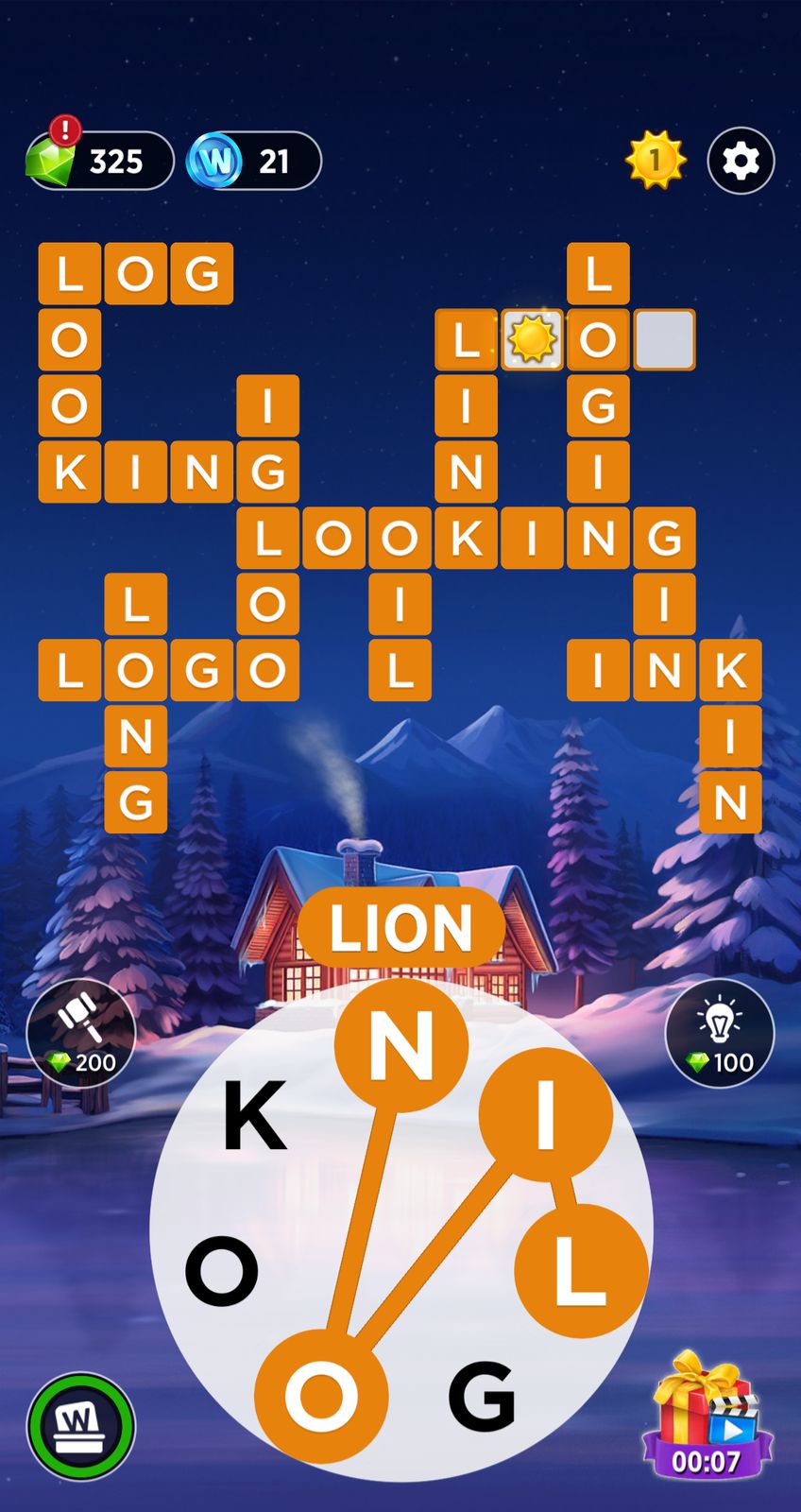 Word puzzle game with winter cabin background.