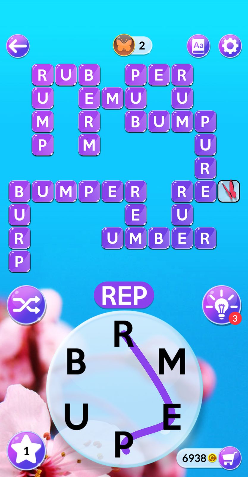 Word puzzle game with butterfly icon.