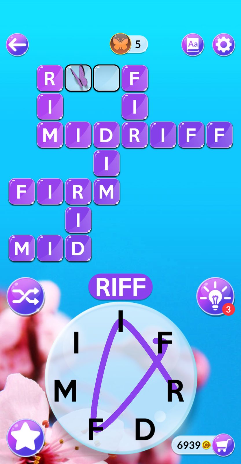 Word puzzle game with butterfly and cherry blossoms.