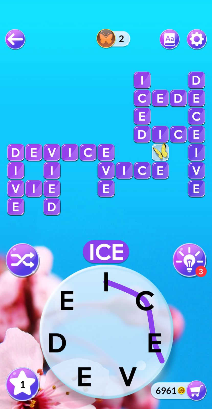 Word puzzle game with letters and butterfly icon.