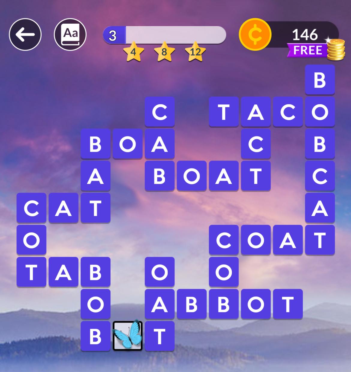 Word puzzle game with blue letter tiles.