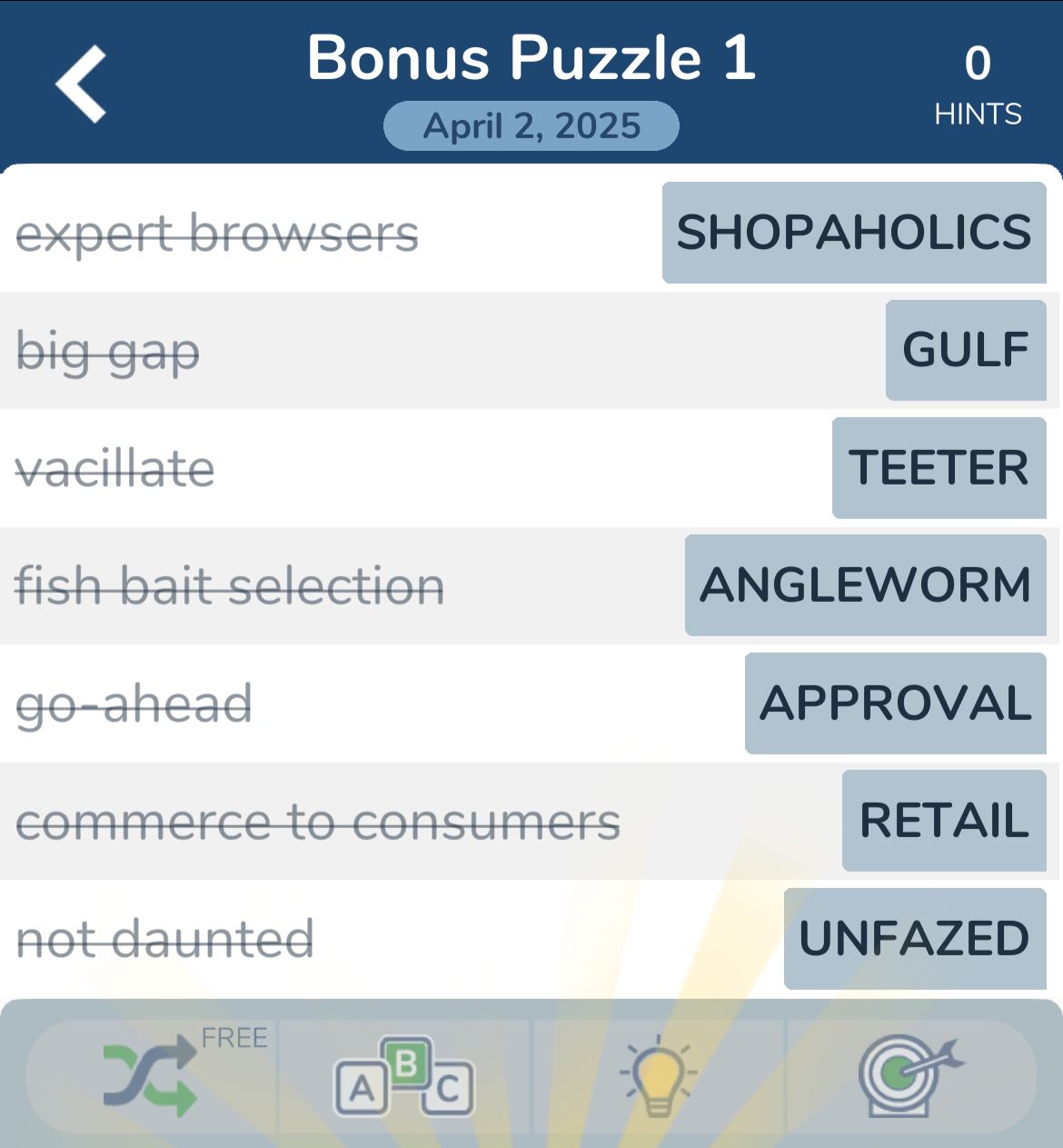 7 Little Words April 2 2025 Bonus 1