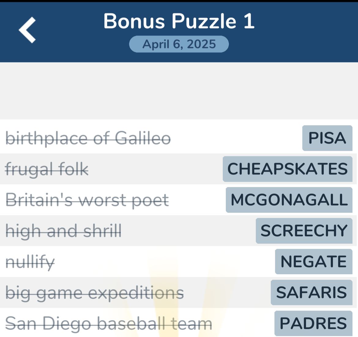 7 Little Words April 6 2025 Bonus 1