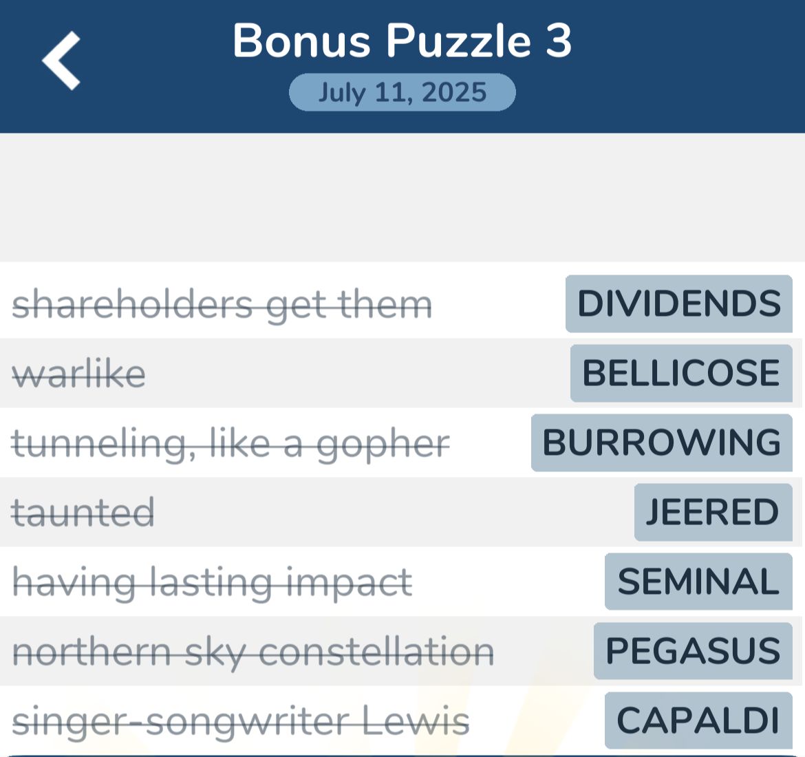7 Little Words July 11 2025 Bonus 3