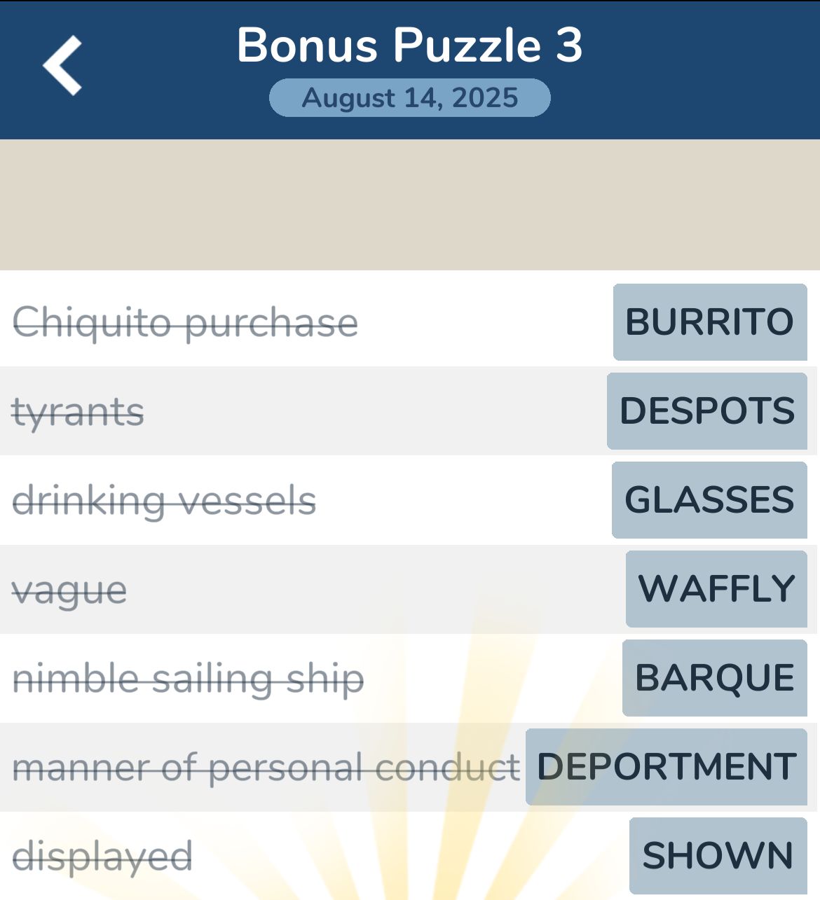 7 Little Words August 14 2025 Bonus 3